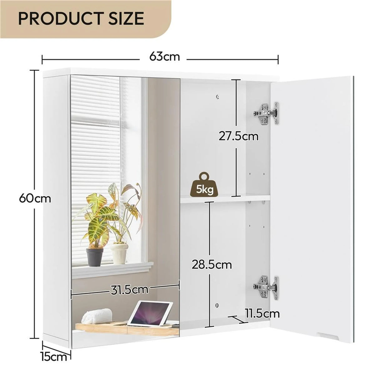 Yaheetech : élégante armoire de salle de bains avec miroir, 63 x 15 x 60 cm – Blanc frais – MDF et verre