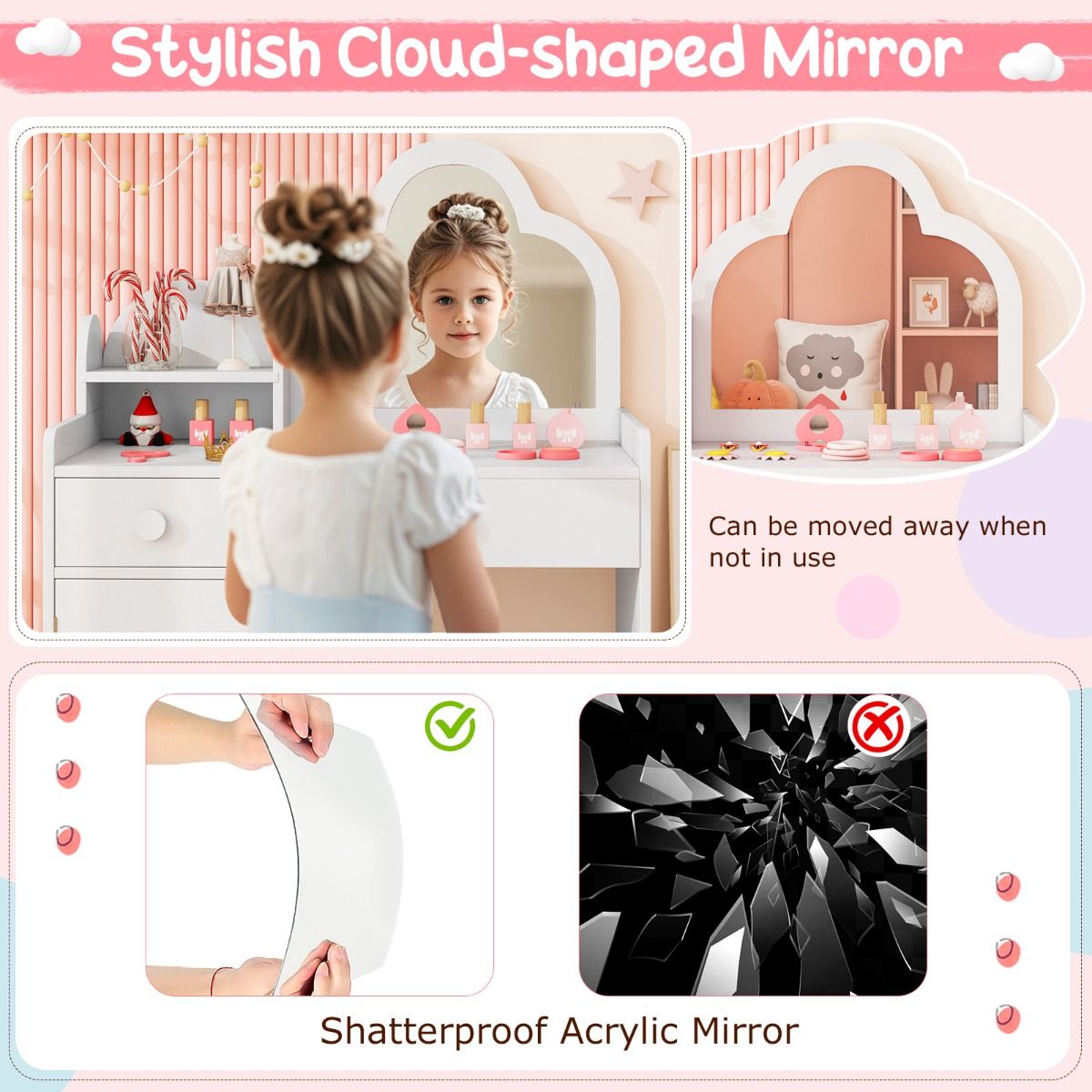 Ensemble de coiffeuse pour enfants Coast - miroir en forme de nuage - coiffeuse 2-en-1 avec tabouret - blanc