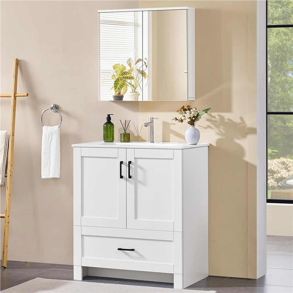 Yaheetech : élégante armoire de salle de bains avec miroir, 63 x 15 x 60 cm – Blanc frais – MDF et verre