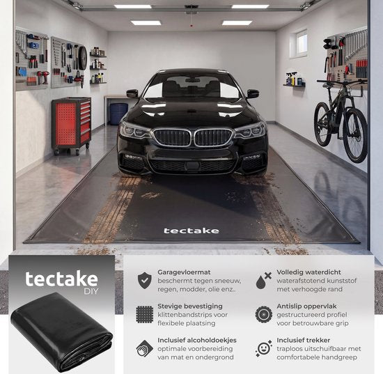 Tapis de garage tectake® - Tapis de sol - 550 x 240 cm - Antidérapant et imperméable - Livré avec une poignée télescopique, des patins velcro et des lingettes alcoolisées - Tapis écologique - Tapis d'atelier - Pour garage, moto et voiture