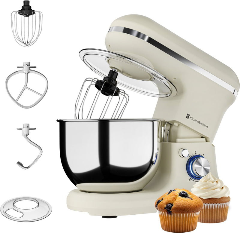 KitchenBrothers Robot de cuisine - 1200W - 5L Bol de mixage - 6 Vitesses + Pulse - Robot de cuisine avec crochet pétrisseur, fouet et crochet mélangeur - Champagne