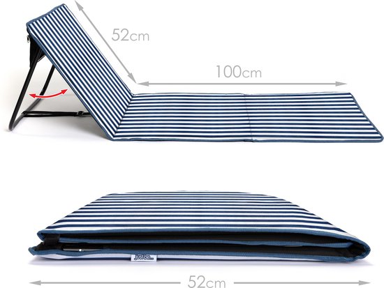 Tapis de plage pliable - chaise longue - dossier réglable - facile à transporter - léger - poche de rangement zippée (rayures bleues et blanches verticales)