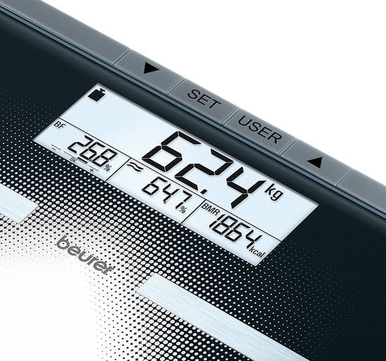 Pèse-personne Beurer BG 21 - Analyse corporelle - IMC/BMR/AMR - Jusqu'à 180 kg - 30 x 31,5 cm - 10 utilisateurs - Grand écran LCD rétroéclairé à 2 lignes - Piles incluses - Garantie de 5 ans