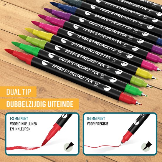 NAPI Twinmarkers - 24 marqueurs pour adultes - Stylos pinceau double face - Fineliners couleur - Stylos feutre Handlettering - Accessoires Bullet Journal - Stylos pinceau aquarelle - Marqueurs enfants - Marqueurs avec 2 modèles de mandalas