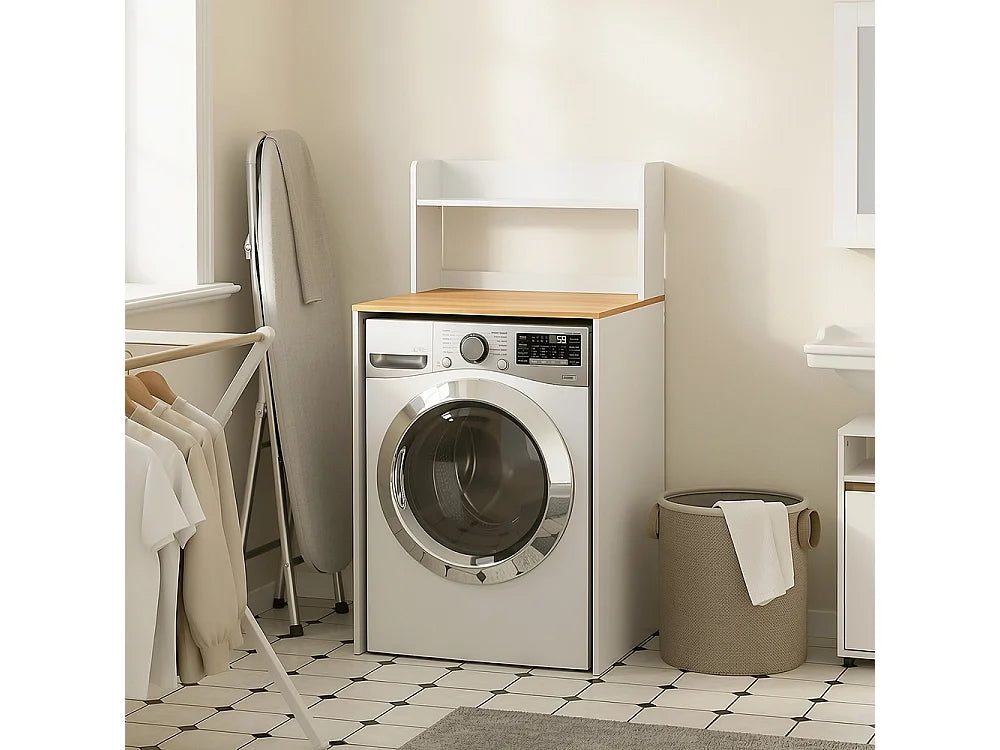 Meuble pour lave-linge SoBuy BZR224-WN - Avec plan de travail et étagère ouverte - 66 x 60 x 126,5 cm - Blanc/Chêne clair