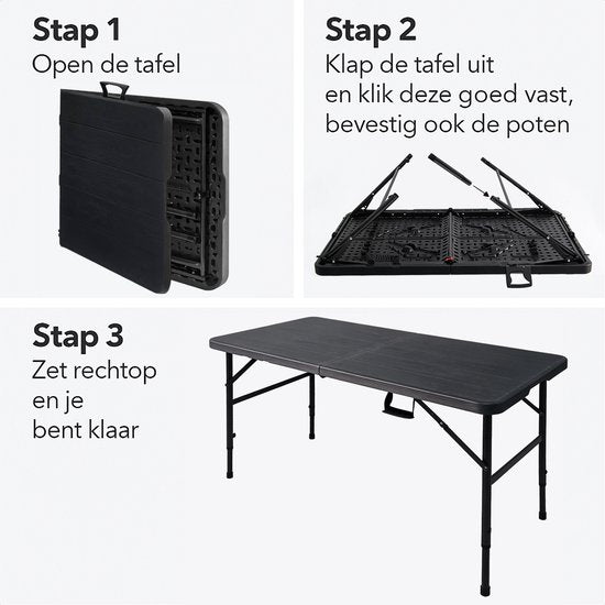 LifeGoods Table pliante - 180x74 cm - Table pliante robuste - Résiste aux intempéries - Table de salle à manger pliante - Table de camping - Table pliante pour l'intérieur et l'extérieur - Aspect grain de bois noir