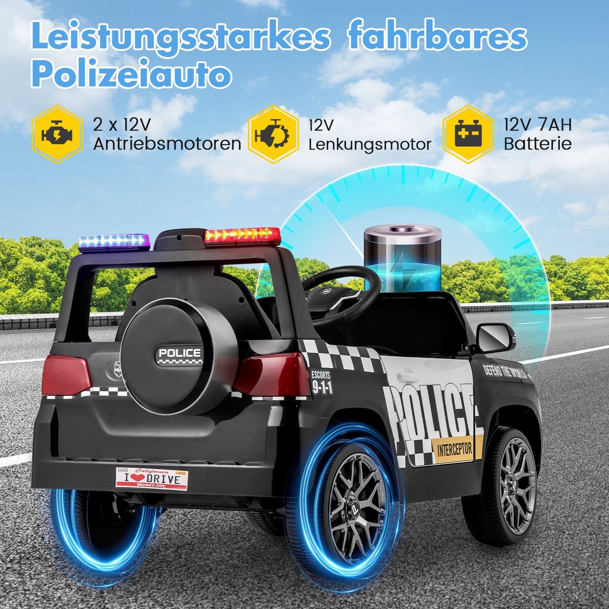 Voiture de police électrique pour enfants Coast - avec télécommande - sirène et éclairage LED - noire