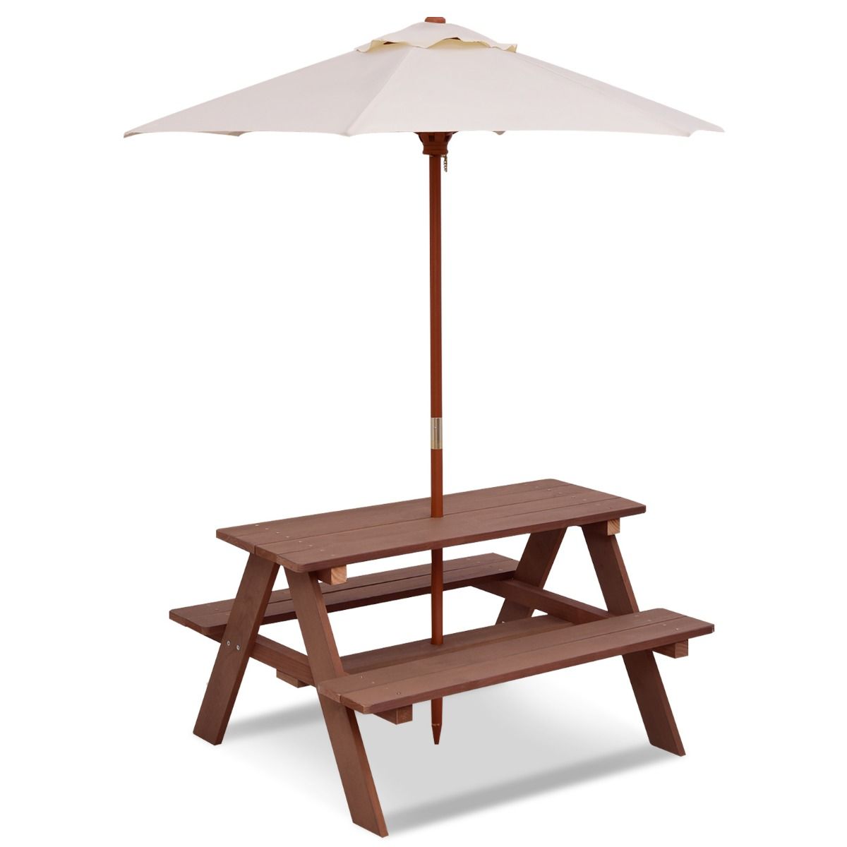 Table de pique-nique pour enfants Coast - Table d'extérieur 3-en-1 avec parasol amovible - bancs en bois - couleur noyer
