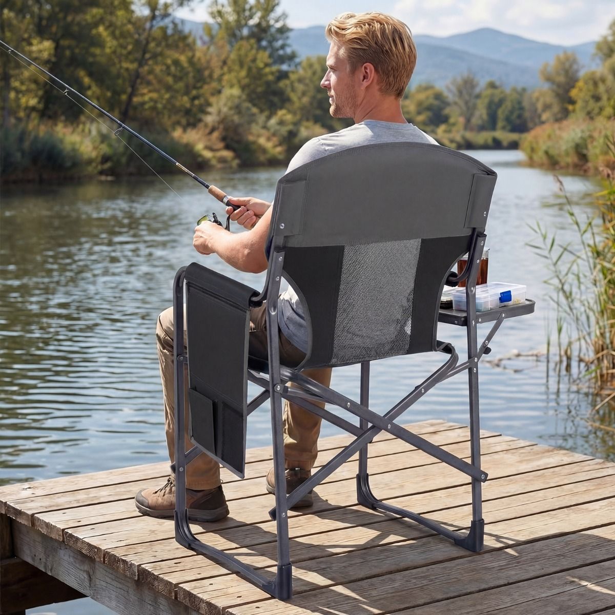 Chaise de réalisateur pliable Coast - avec table d'appoint et porte-gobelet - chaise de camping légère - marron et gris