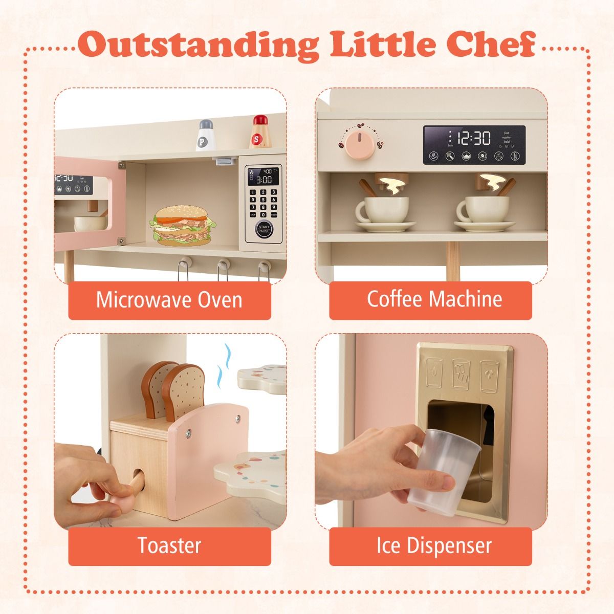 Cuisine jouet en bois Coast pour enfants - avec 25 accessoires - lumières et sons - rose