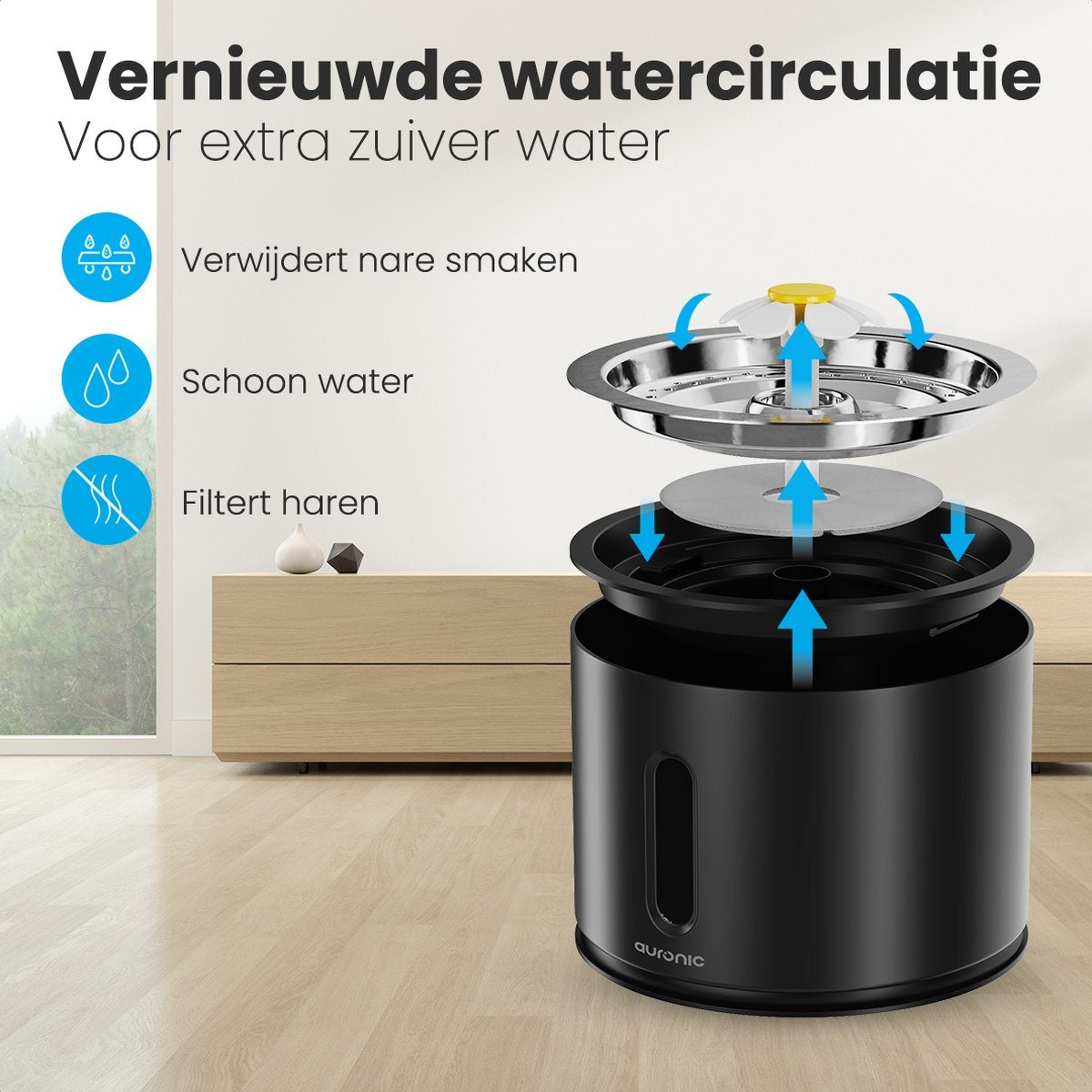Abreuvoir Auronic - Fontaine à eau pour chats et chiens - 2.4L - Abreuvoir pour animaux - 3 filtres et 2 brosses inclus - Noir