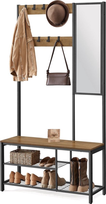 O'DADDY® Clothes Rack With Mirror - Porte-manteau - Shoe Rack - Coat rack upright - Vintage Look - Black and Brown - Shoe Rack - Coat racks