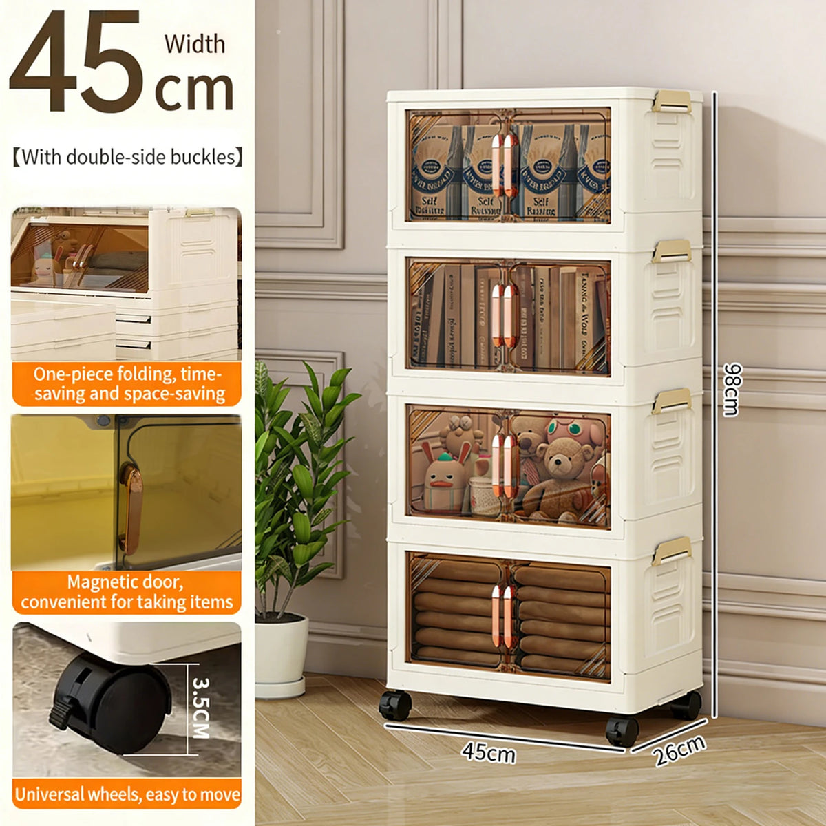 Armoire de rangement pliable Huacan à double porte - 4 étagères - Déplaçable - 45 cm