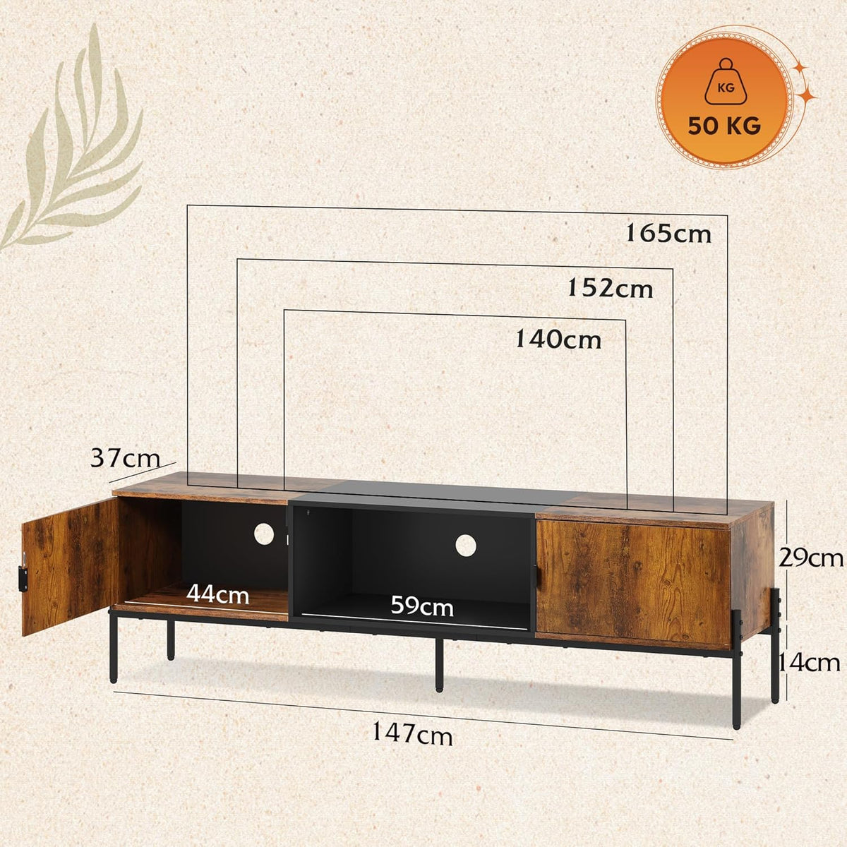 Meuble TV WLIVE avec compartiments ouverts - 147 × 37 × 43 cm