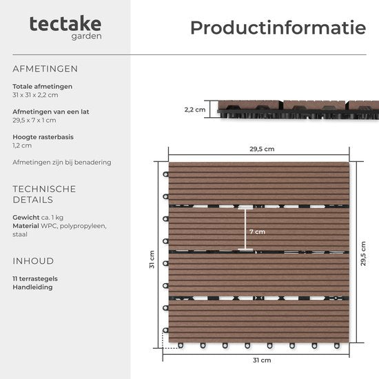tectake® WPC wood tiles - Dalles aspect bois - Résistant aux intempéries - Sol extérieur - Dalles de sol - Sol de balcon - Dalles de terrasse avec système click - Drain - Lot de 11 - Marron