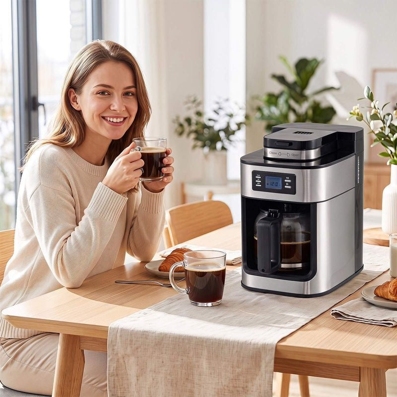 Cafetière Northix avec moulin à grains - 8 tasses - 1 L - Minuterie - Noir/Argent