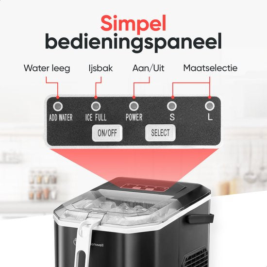 Kitchenwell Machine à glaçons - 1.3L - Machine à glaçons avec cuillère à glace - 12kg/24 heures - Fonction auto-nettoyante - Portable - Noir