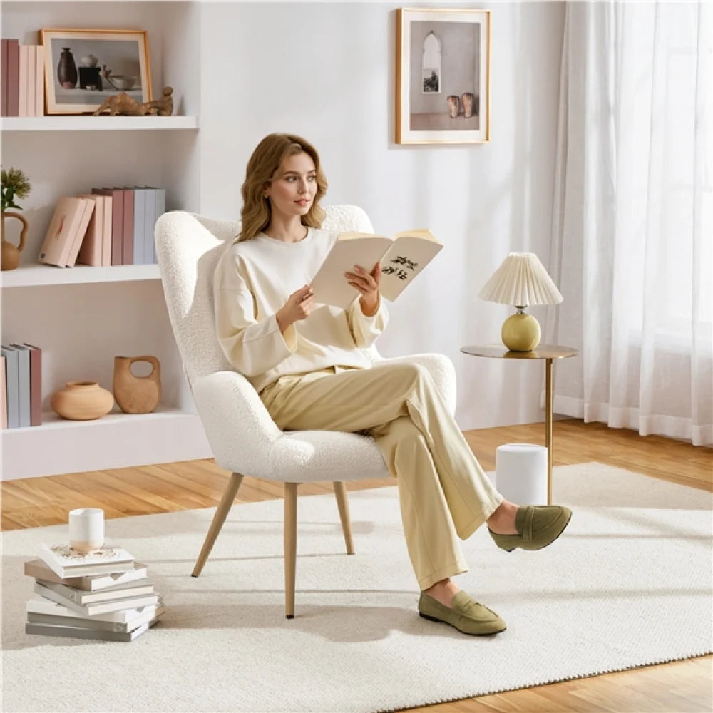 Yaheetech Fauteuil Bouclé / Fauteuil 67,5 x 70 x 97,5 cm – Ivoire chaleureux – Polyester bouclé et métal