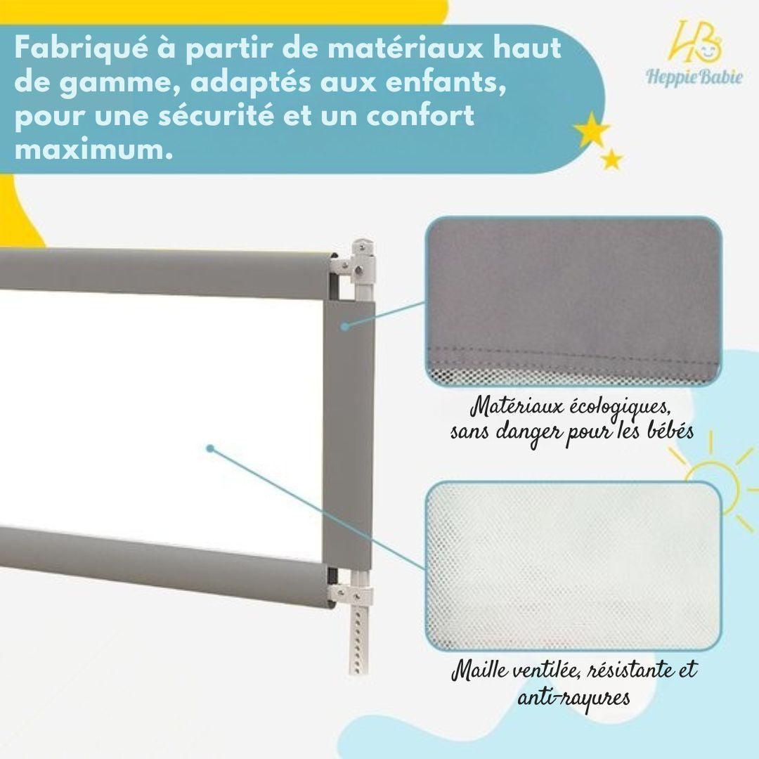 Barrière de lit - HeppieBabie  - universelle - extra longue 150 CM - réglable - grise avec filet de sécurité