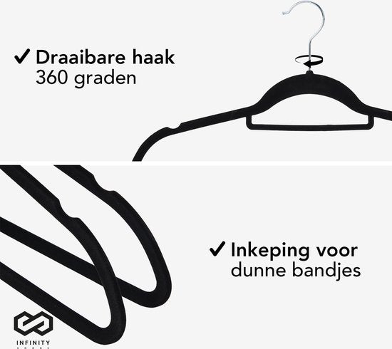 Infinity Goods 50 Kledinghangers Fluweel - Kleerhanger met Anti-Slip - Broekhanger - Metalen Haak - Volwassenen - 50 Stuks - Zwart