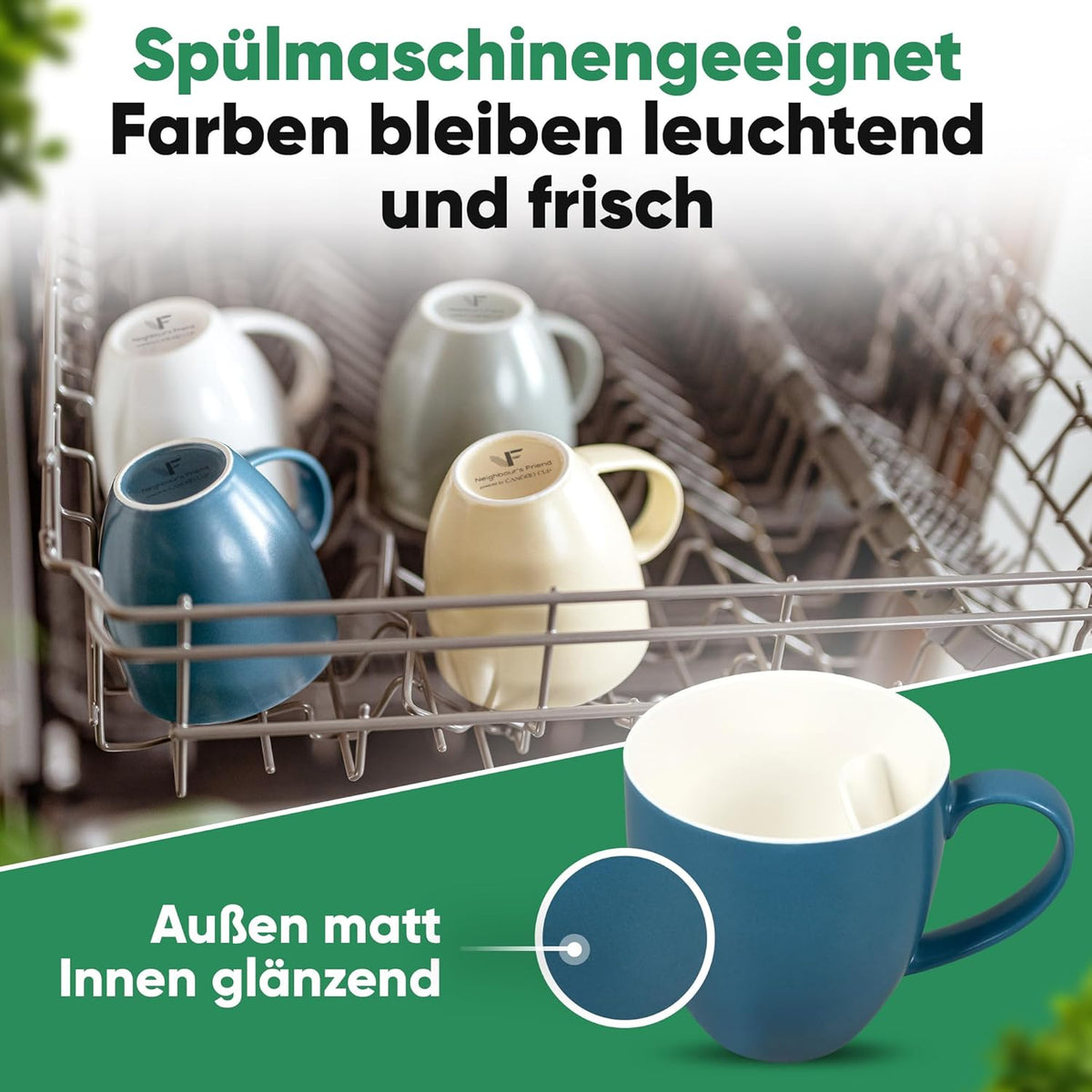 Neighbour's Friend Tasse à thé brevetée bleue Boîte cadeau I Tasse en céramique grande 325ml I Tasse à thé en faïence I Tasse en céramique pour le thé I Tasses à thé lavables au lave-vaisselle I Design moderne pour les buveurs de thé