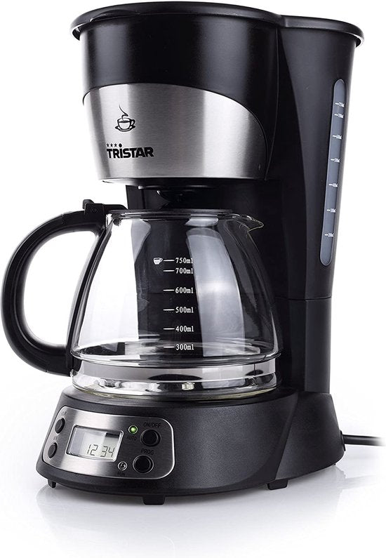 Cafetière Tristar CM-1235 - Cafetière à filtre 750 ml - Adaptée au camping - Fonctions numériques et minuterie - Pichet en verre, filtre à café amovible - 7 tasses - Noir