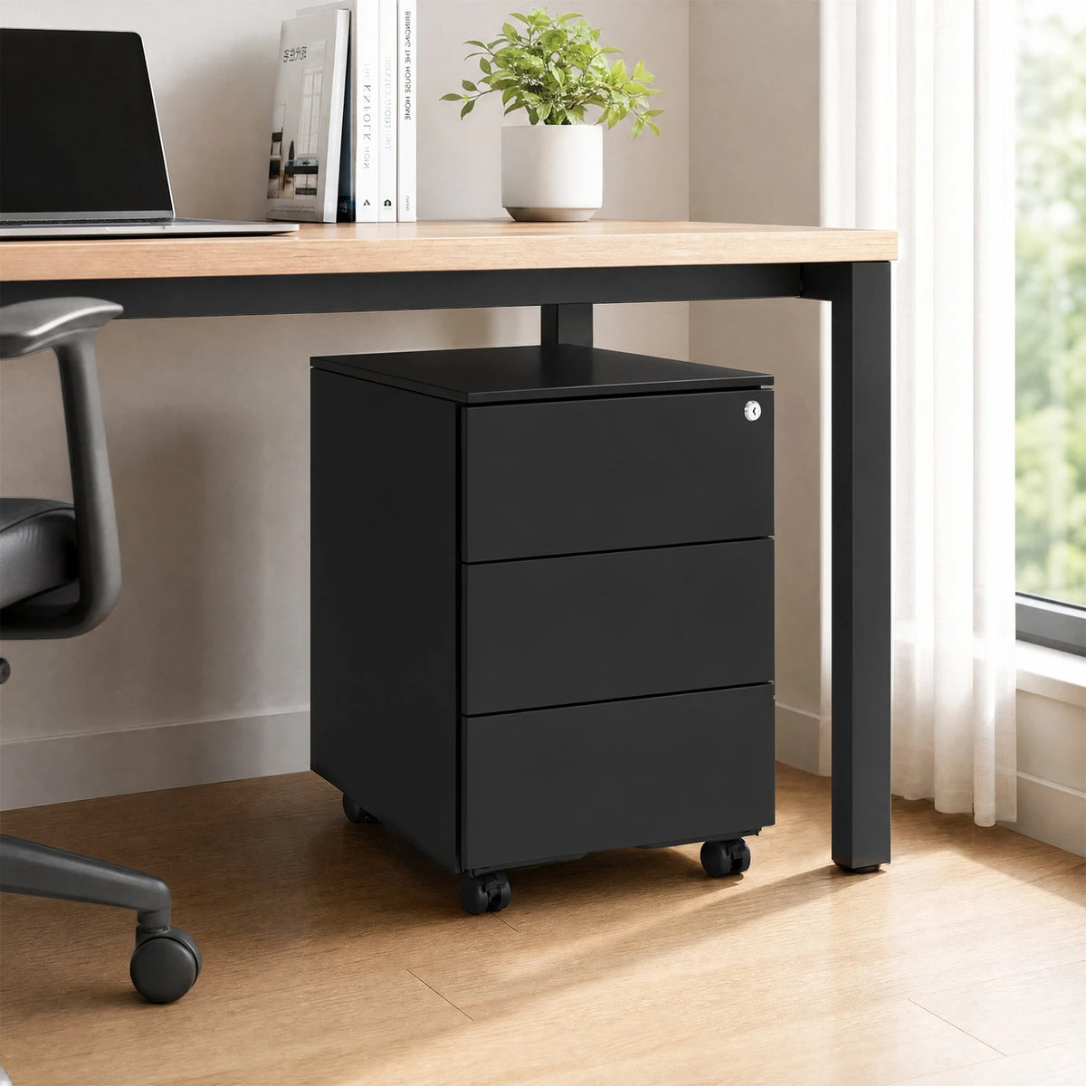 Armoire à dossiers mobile verrouillable Ochama Matte Black – 3 tiroirs, pré-assemblée, pour ranger des documents et des fournitures de bureau, 39 x 45,1 x 53,8 cm – Rangement compact pour le bureau ou le bureau à domicile
