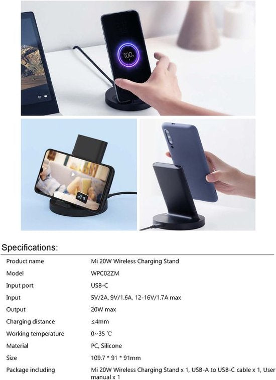 Support vertical de recharge sans fil Xiaomi Mi avec recharge sans fil Qi et voyant LED - 20 W - câble USB-C inclus