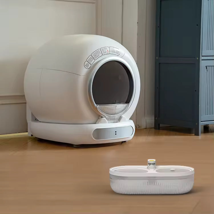 LeLo pets MSP-05 : bac à litière autonettoyant de 65 L avec fontaine à eau - blanc
