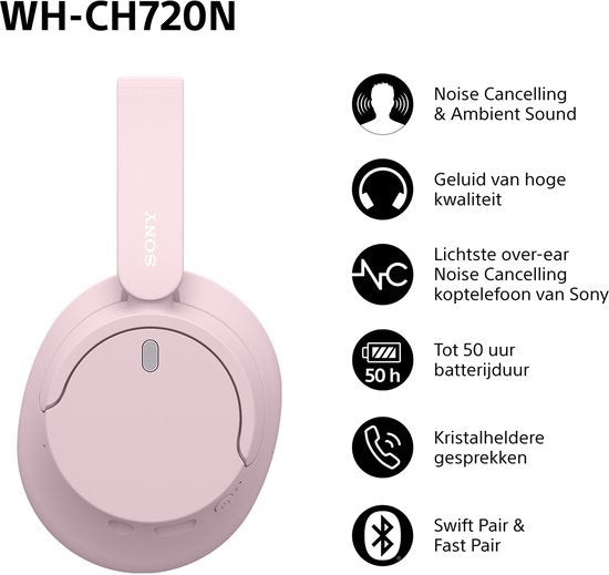 Sony WH-CH720N – Casque sans fil circum-auriculaire avec réduction de bruit - Rose