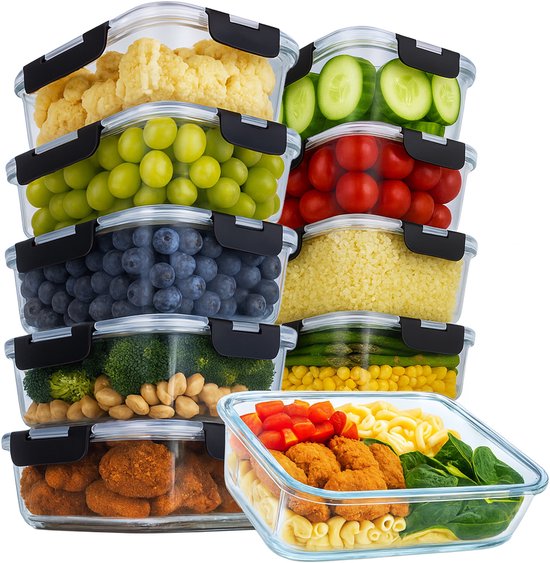 Aviro Coupes de conservation des aliments en verre - 10 pièces - Coupes de préparation des repas - Résistantes au congélateur, au micro-ondes et au four - Sans BPA - Étanches à l'air - 1L