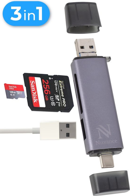 Nuvance - Lecteur de carte SD - Clé USB - Lecteur de carte SD USB C - Lecteur de carte - Micro USB - Lecteur de carte mémoire - Adaptateur Micro SD - Lecteur de carte SD - Lecteur de carte Micro SD - USB 3.0 - Convient à tous les Smartphones et Ordinateur