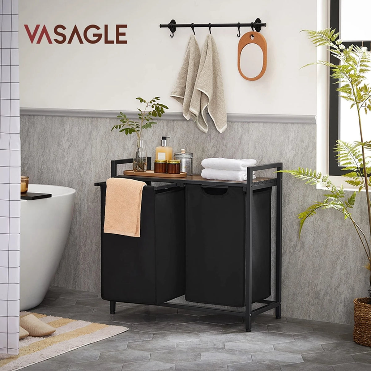 Panier à linge JOYFURNOS à 2 compartiments - 2 x 46 litres - 73 x 33 x 72 cm - Marron-noir vintage