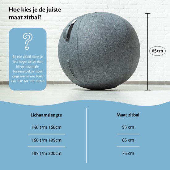 Backerz® Ballon d'assise pour le bureau et la maison 65 cm - Ballon de yoga haut de gamme - Ballons d'assise avec housse - Ballon ergonomique pour chaise de bureau - Lin anthracite