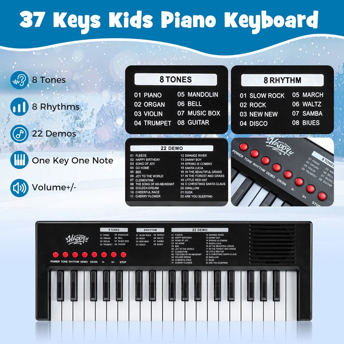 Clavier pour enfants Coast - 37 touches - 8 rythmes - avec microphone - noir