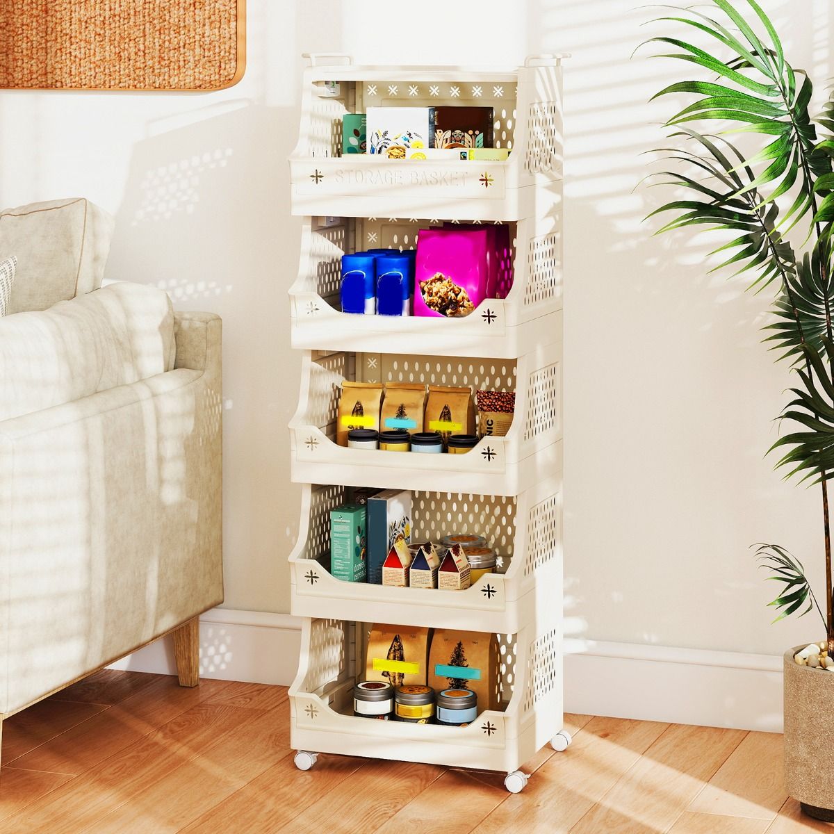 Étagère de rangement Coast sur roulettes - 6 étages - Empilable - Beige
