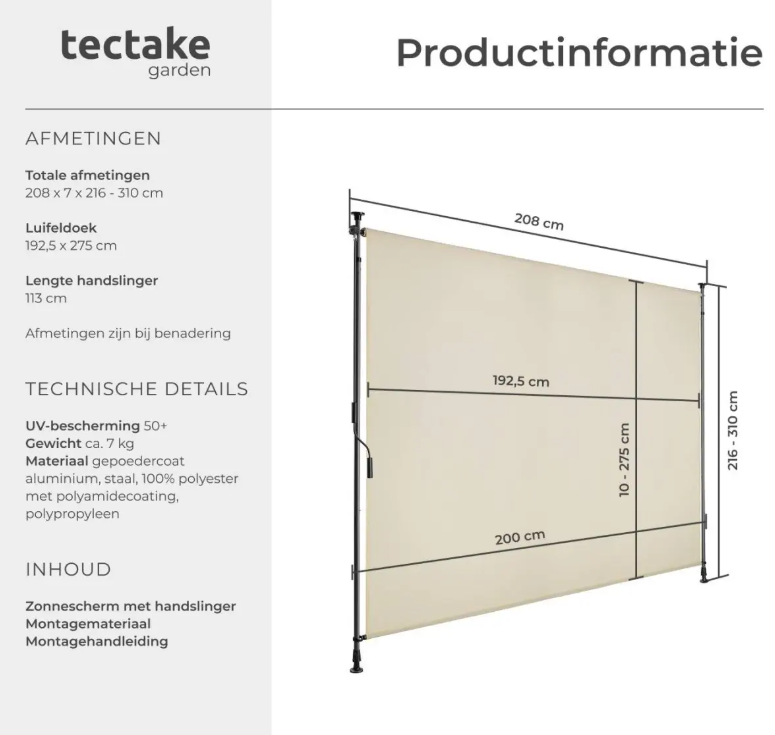 tectake Store Taija - Store à pince avec manivelle - 200 x 310 cm - UV50+ - Beige