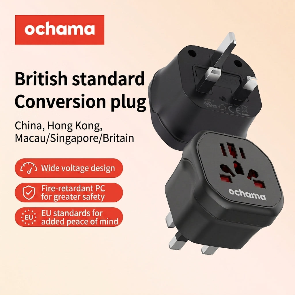 Prise de voyage universelle britannique Ochama, sécurité enfants, matériau résistant à la pression, certifiée CE et UKCA, compatible avec le Royaume-Uni, Singapour, la Malaisie, Dubaï et les Émirats arabes unis