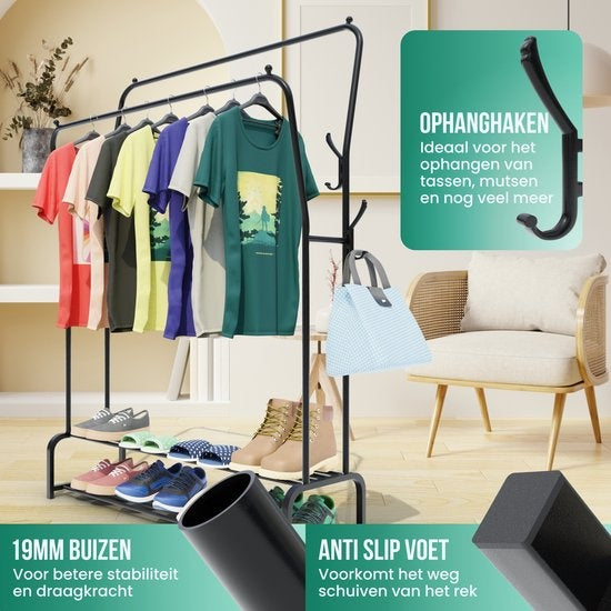 Avalo Industrial Clothes Rack Double Rod - Metal - 110x33x150 CM - Black - Storage For Shoes - Wardrobe Rack With Hooks