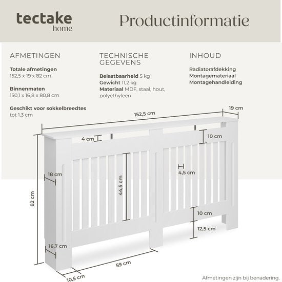 tectake® Cache-radiateur - Cache-radiateur - Panneau de radiateur - Enceinte de radiateur - Enceinte de chauffage - Caillebotis, avec étagère - Dimensions div. - 152,5x19x82cm - blanc