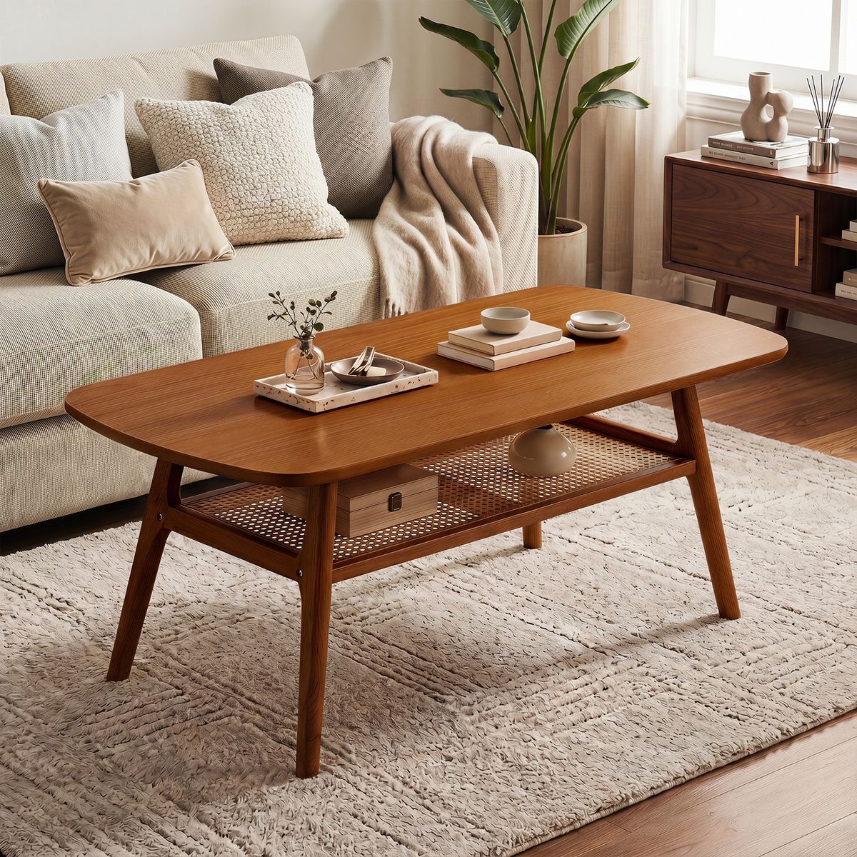 Table basse Coast - avec rangement en rotin - rectangulaire - noyer