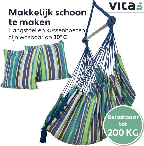 Vita5 XXL Chaise suspendue - Intérieur et extérieur - 2 coussins inclus - compartiment à livres - adultes - enfants - capacité de charge maximale 150kg - bleu/vert/blanc