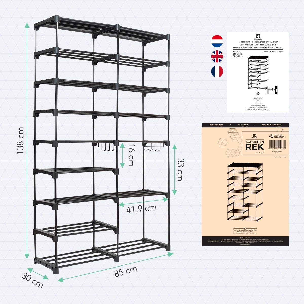 LifeGoods Rangement pour chaussures - avec crochet - multifonctionnel - 9 couches - 32 paires de chaussures - métal - noir