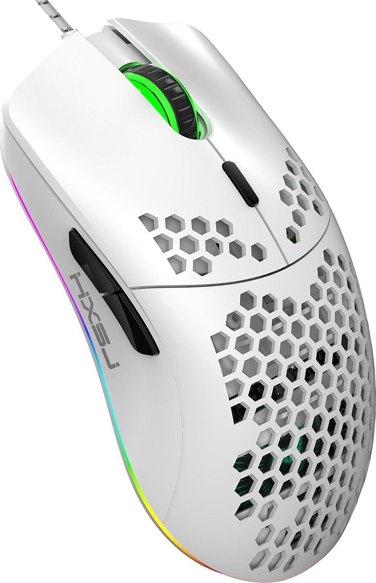 HxSJ - Souris de jeu J900 - Ultra-légère - Éclairage RGB - 6400DPI - Blanc