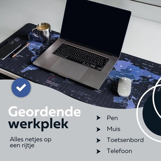 WURK Tapis de bureau professionnel - Carte du monde - Organiseur de bureau - Accessoires de bureau - Tapis de souris XXL - Antidérapant - Comprend un clip pour câble - 90x40
