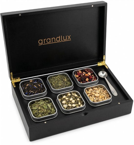 Boîte à thé Grandlux à 6 compartiments – Boîte à thé pour thé en vrac – Cuillère en acier inoxydable – 100 % bambou certifié FSC – 6 boîtes à thé – Organiseur à thé – Boîte à thé – Noir