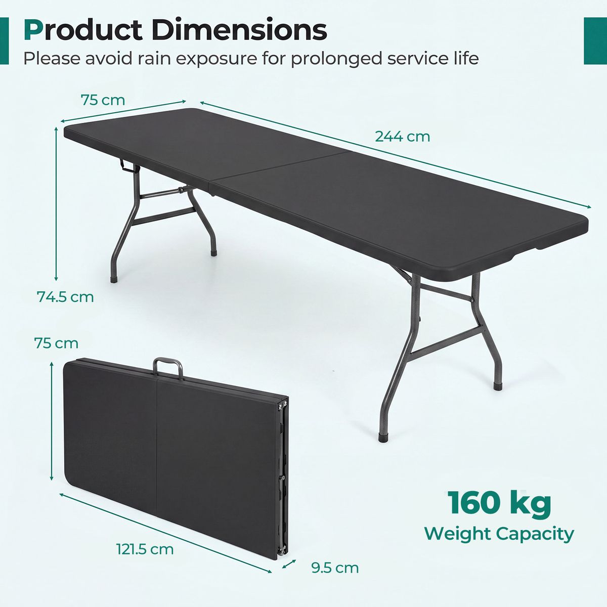 Table de jardin pliante Coast - pour 10 personnes - poignée de transport - noire - 244 x 75 cm