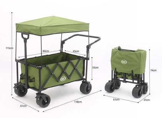 AXI SB221 Chariot pliable avec toit – Vert – Avec barre de traction, freins et housse – Capacité de charge de 100 kg – Facile à transporter – Métal