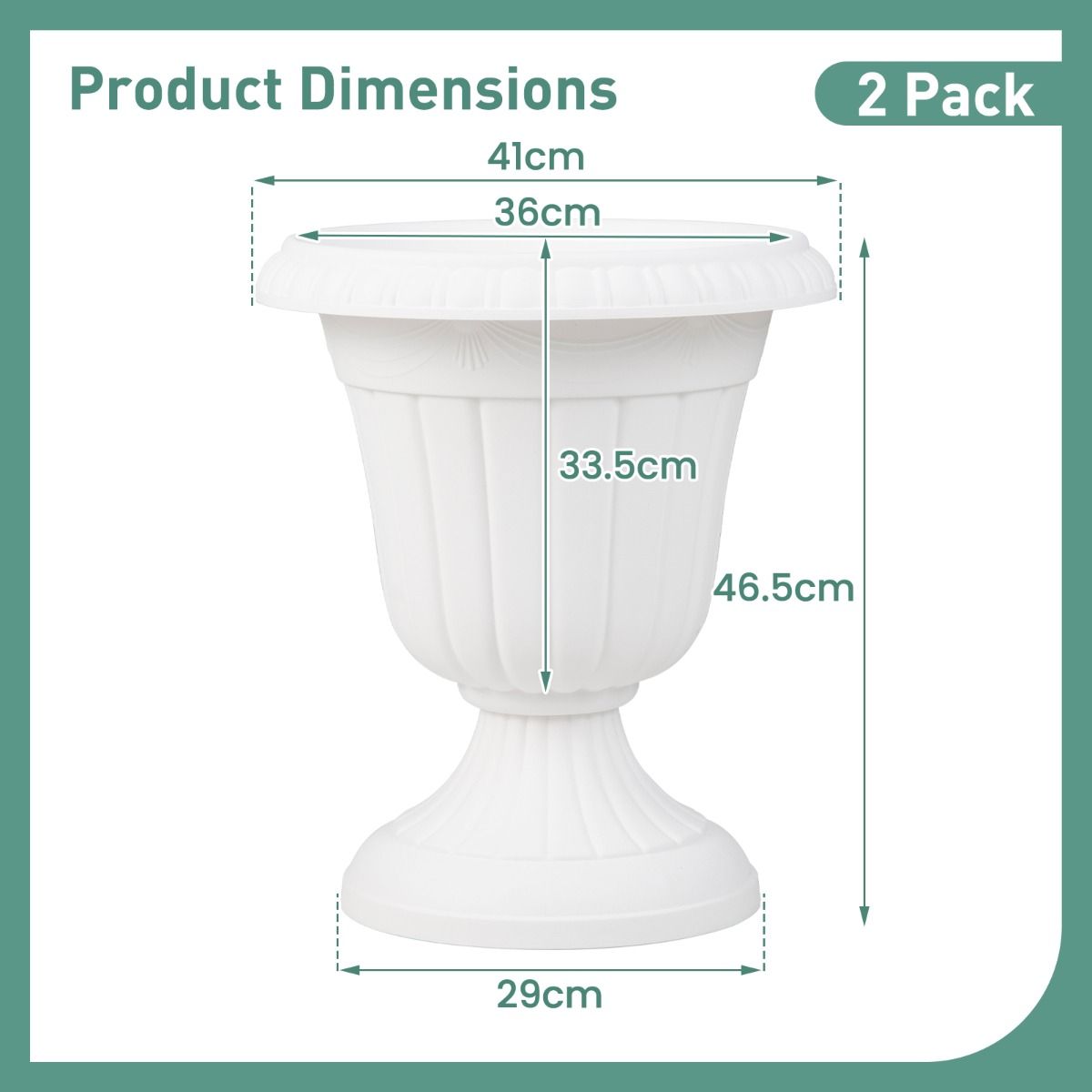 Lot de 2 jardinières Coast - forme d'urne - résistantes aux intempéries - blanches, 46,5 cm de hauteur