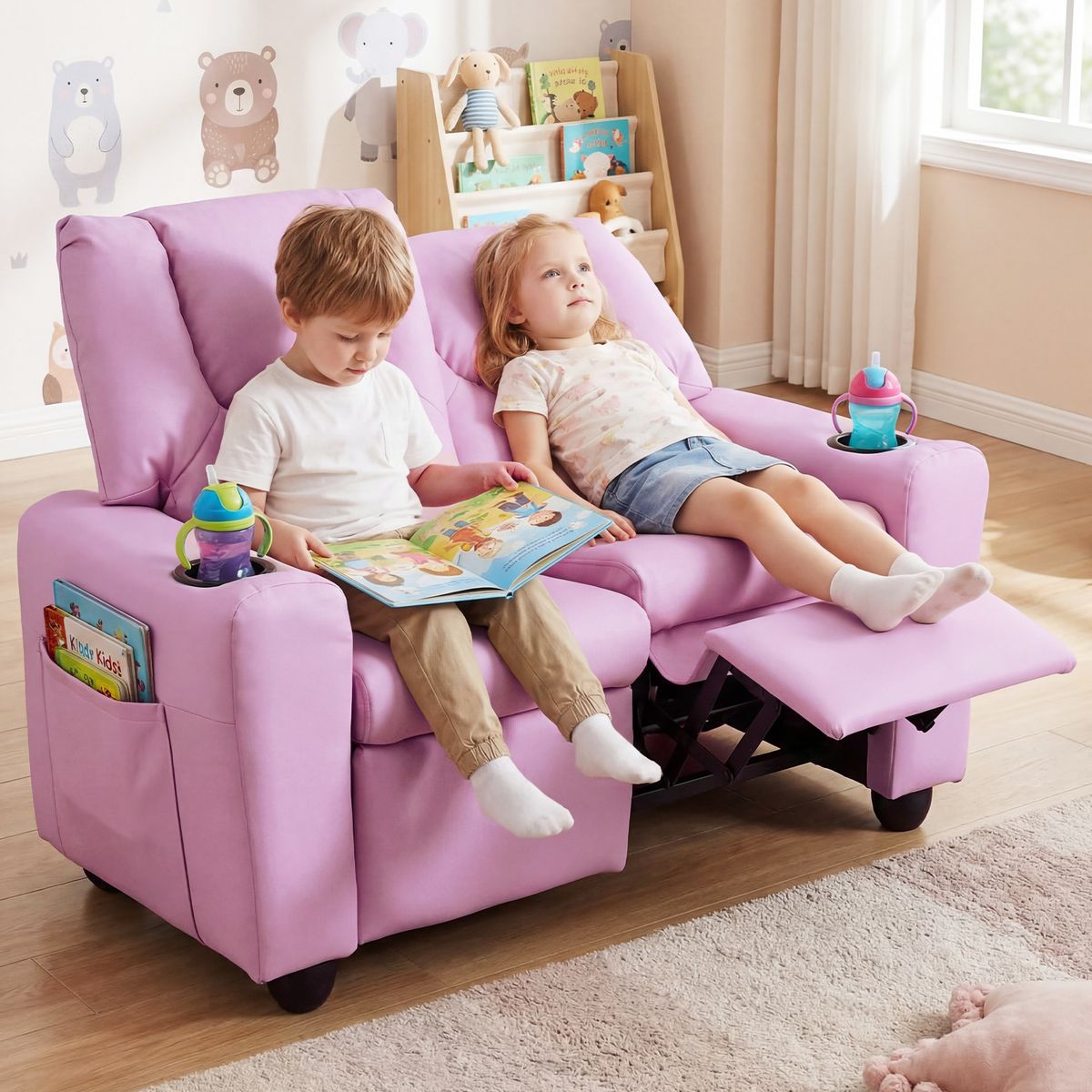 Banc pour enfants Coast avec fonction d'inclinaison - double assise - porte-gobelets - rose 54 x 94 x 68 cm